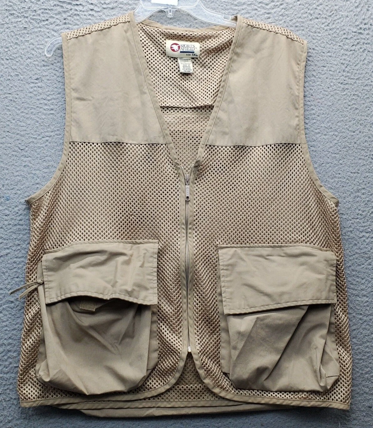 Sports Afield Fishing Vest Men 1XL Brown Mesh Utility Pocket Sleeveless Full Zip