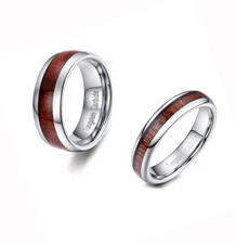 Comfort Fit Tungsten Simple Couple Ring Koa Wood Inlay Dome Token Promise Lovers