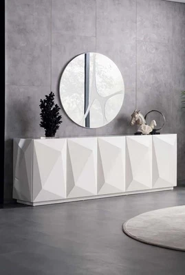 Designer Sideboard mit Spiegel Anrichte Hochglanz Weiß Marmoroptik Holz - Bild 1 von 2