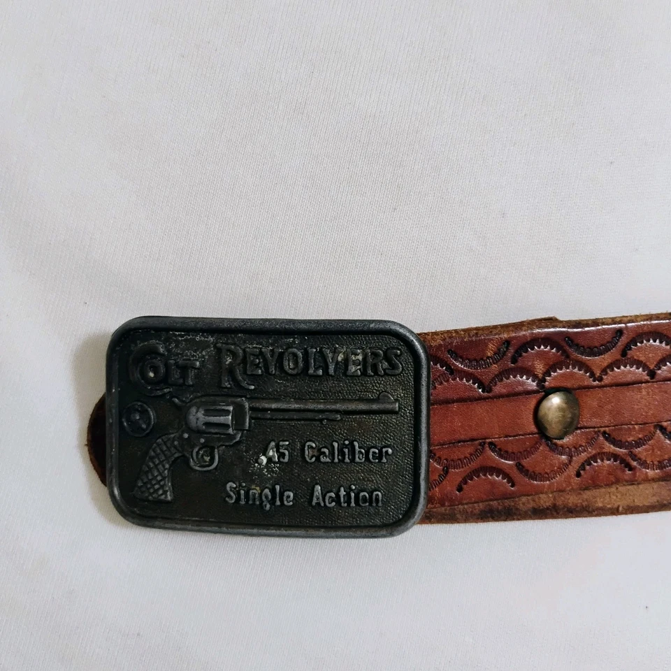 Vintage Colt Revolvers Belt Buckle With Hand Tooled Brown Leather Belt - Image 4 of 4