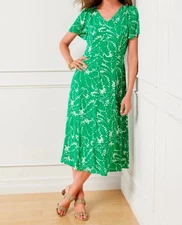 Talbots Women's Swirling Rosebuds Crepe Fit & Flare Dress Size 16 Green White