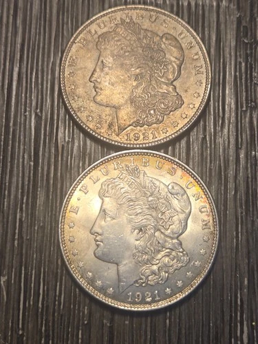 1921 morgan silver dollar. Beautiful toning on one. No mint mark. A great buy!