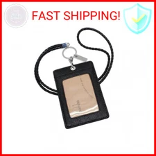 Boshiho Vertical Style Leather ID Card Badge Holder with Keychain Lanyard (Black