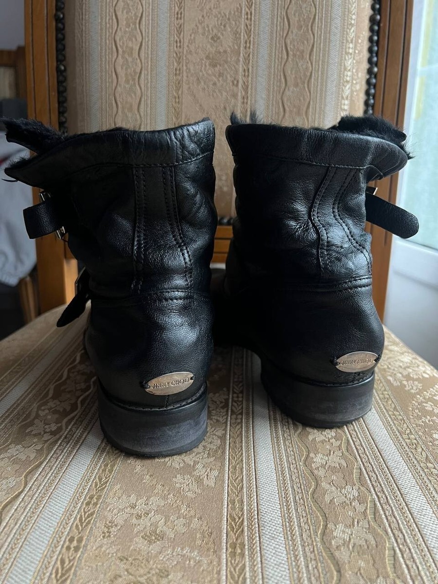 JIMMY CHOO BLACK LEATHER BIKER FUR LINED BOOTS MID HIGH WOMENS