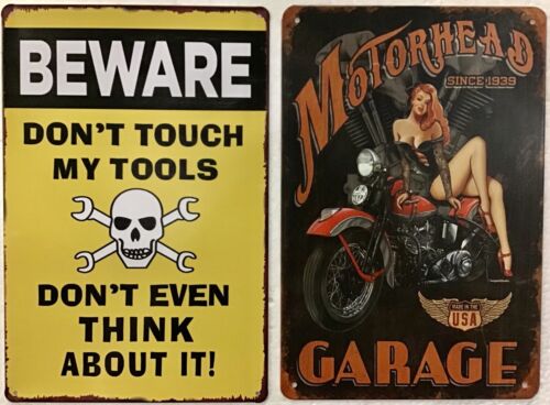 TWO 8x12 TIN SIGNS Beware funny tools mechanic garage motorcycle sexy girl  shop | eBay