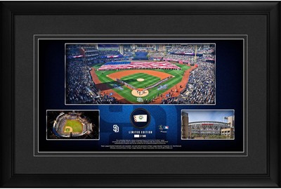 San Diego Padres Framed 10x18 Stadium Panoramic Collage & Piece of GU Baseball