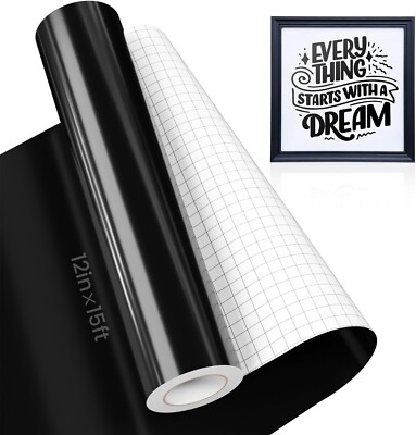 Hisiu Black Permanent Vinyl 12'' x15FT Schwarz Selbstklebende Vinylrolle Cricut, Silhouet