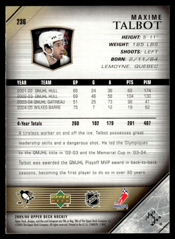2005-06 Upper Deck Maxime Talbot Rookie Pittsburgh Penguins #236 - Image 2 of 2
