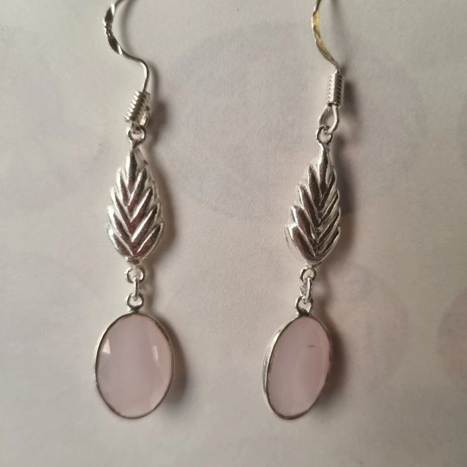 ORECCHINI INDIANI ARGENTO 925 PENDENTE OVALE IN QUARZO ROSA - Immagine 2 di 3