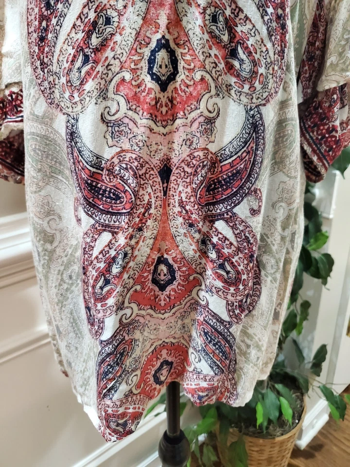 Blusa Top Vintage America Azul Beige Viscosa Cuello Redondo Hombro Frío Talla 2X Foto 4 de 4