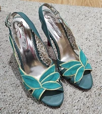 Poetic Licence Green Leaf Shoes Pink Heels Peep Toe Slingback Pumps US 10M EU 41
