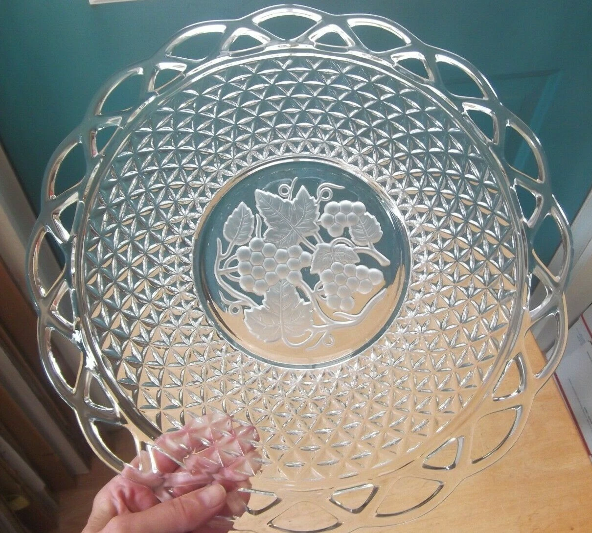Imperial Glass Laced Edge Fruit Sandwich Plate with Lattice Edge Frosted Fruit