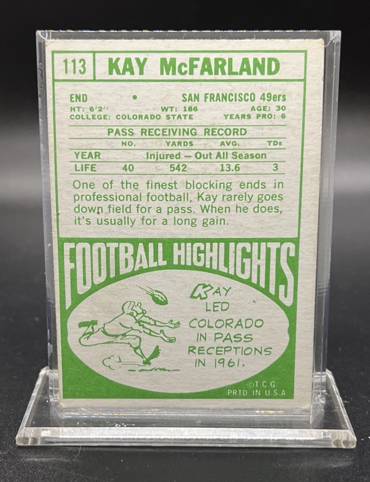 1968 TOPPS FOOTBALL #113 KAY MCFARLAND SAN FRANCISCO 49ERS - Image 2 of 2