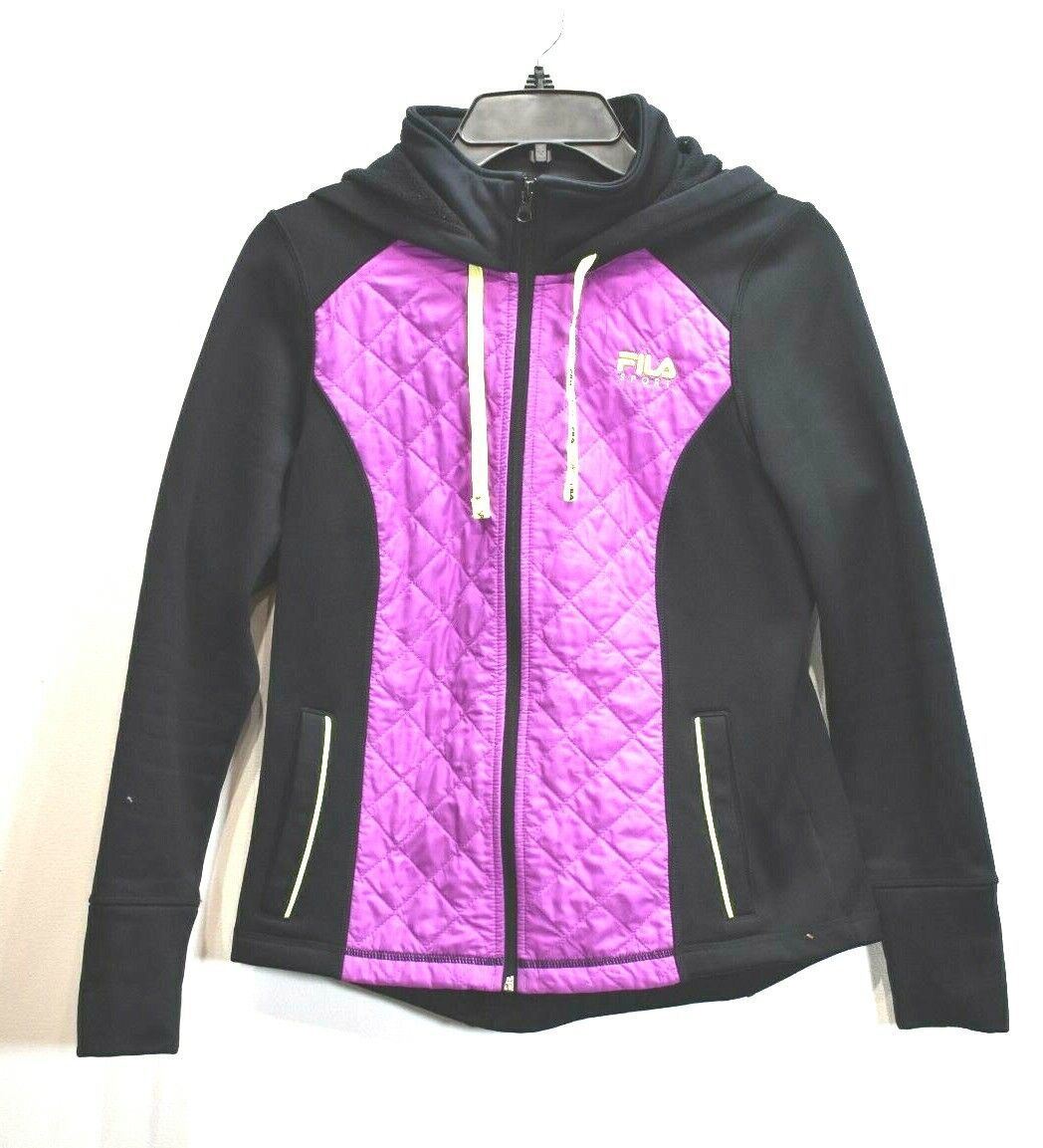 Giacca trapuntata con cappuccio Fila Sport donna nera viola full zip tasca a taglio XS