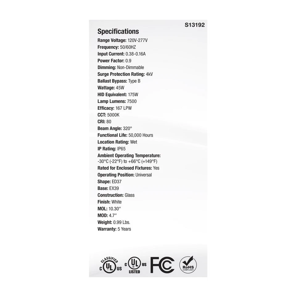 Satco S13192 - 45 Watt LED HID Replacement - ED37 - 5000K (1, 2, OR 6 Pack) - Image 4 of 4