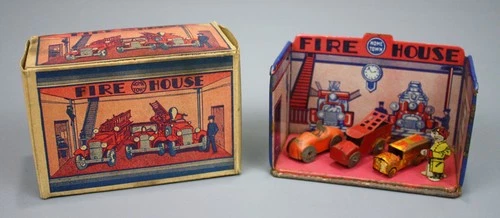Vintage Marx Home Town Fire House w/ Original Box & Figures, Tin Litho, 1930s