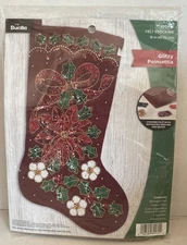 Bucilla Glitzy Poinsettia Stocking Kit Felt Sequins Beads Floss 18" new sealed