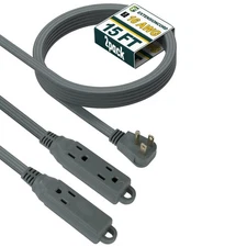 15 Ft 3 Outlet Extension Cord with Flat Plug, 3 Prong Grounded, 16/3 SPT-3 Po...