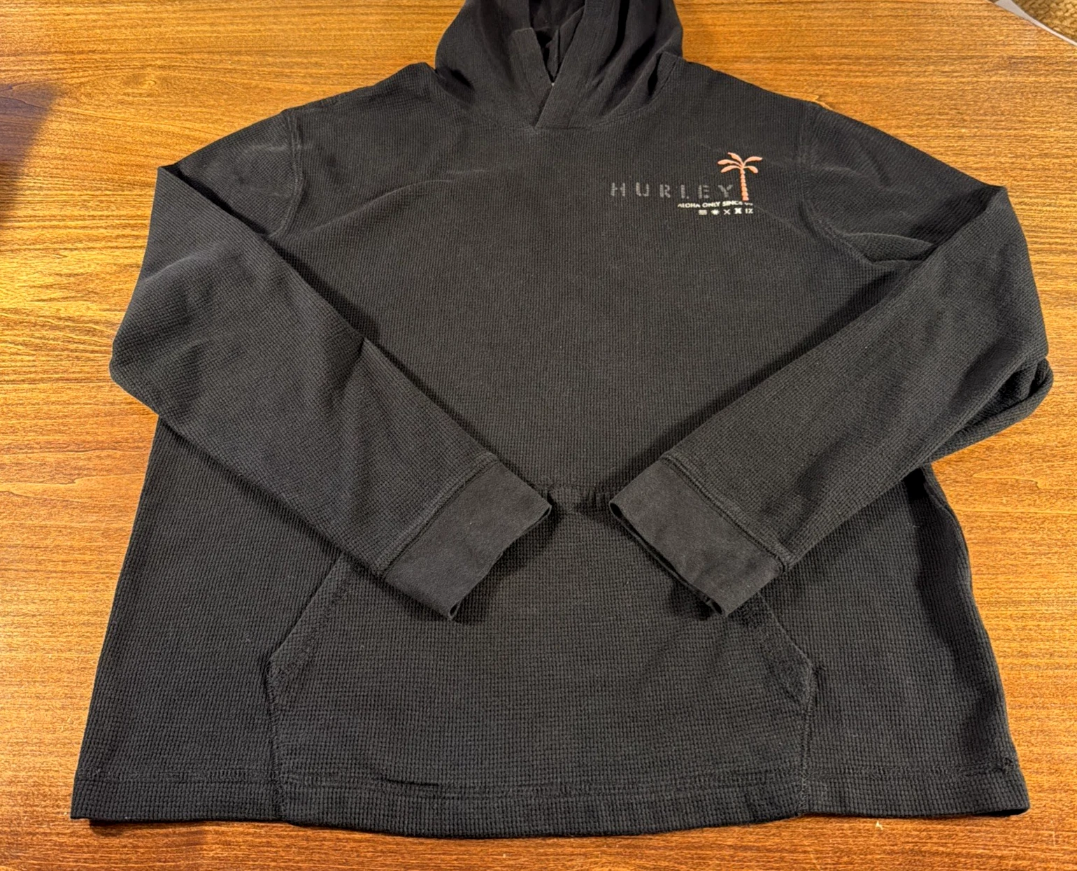 Hurley Men's XL Waffle Knit Thermal Hoodie Thin Aloha Surf Hooded Black