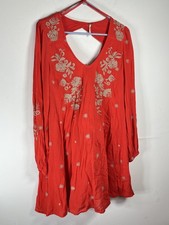 Free People Dress Womens Medium Red Embroidered Boho Peasant Tunic Mini Flowy