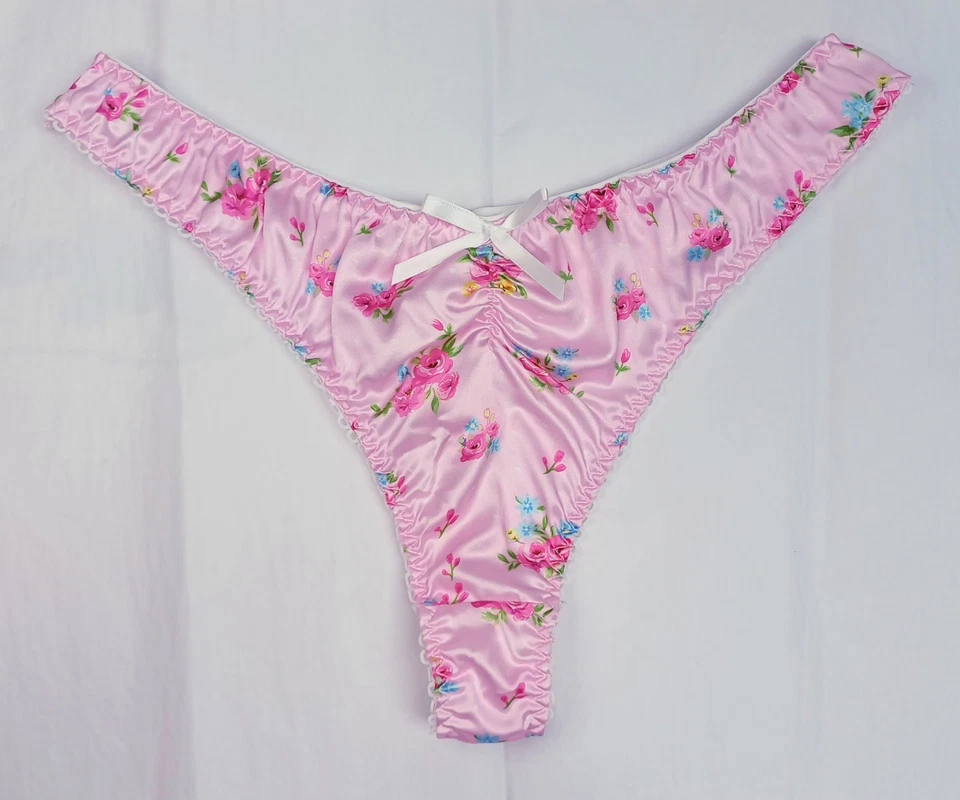 Sweet Vintage Floral Style Ditsy Silky Satin Thong Panties Knickers Sissy M 10 - Image 4 of 4