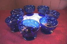 VTG. DEEP BLUE THUMBPRINT PEDESTAL STYLE DESSERT/COMPOTE DISHES: SET OF 7