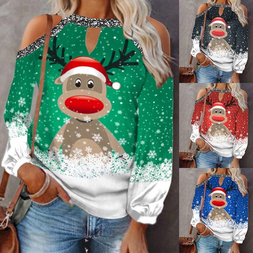 Weihnachten Damen Rentier Elch T-Shirt Damen Langarm Xmas Party Tops Bluse - Bild 3 von 20