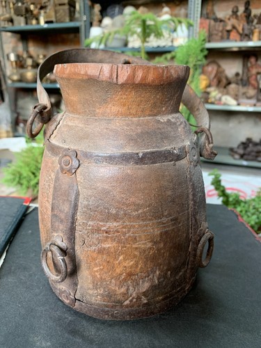 North Indian Antique Handcrafted Wooden Milk Pot Vessel With Iron Handle & Hook