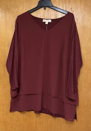 Michael Kors Blouse Womens 2X Dark Brandy Maroon V-Neck Long Sleeve Pullover NWT