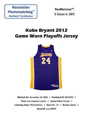 Kobe Bryant 2012 Playoffs Game Used Los Angeles Lakers Jersey