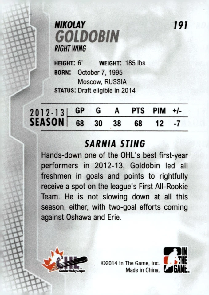 Nikolay Goldobin - Signed 2013-14 In The Game Heroes And Prospects 3D Card #191 - Image 2 of 2