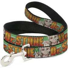 Dog Leash DR. STONE Title Logo and Suika Face Close-Up Greens NARROW 0.5"