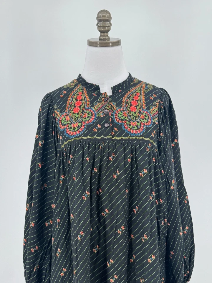 Vintage Lady Lewis Black Floral Long Tunic Dress Puff Sleeve Button Front - Image 2 of 4