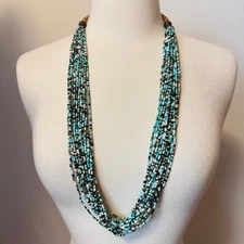 Signed ZAD 20 Strand Multi-Color Teal Seed Bead & Wood Necklace, Multi Strand