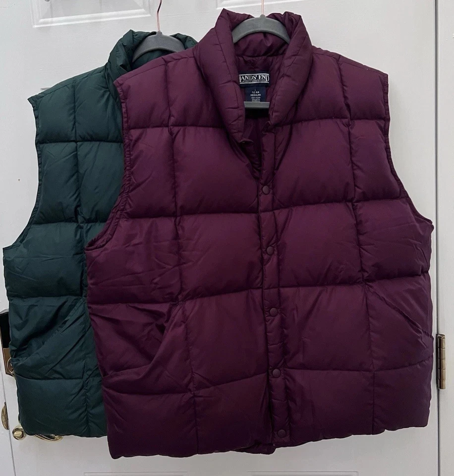 Lot 2 Land’s End Men’s Large Down Puffer Nylon Vest  Emerald Green & Wine 42-44 - Image 2 of 4
