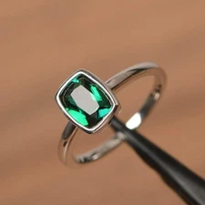 Cushion Cut Lab Emerald Bezel Set Promise Ring 925 Silver Minimalist Ring