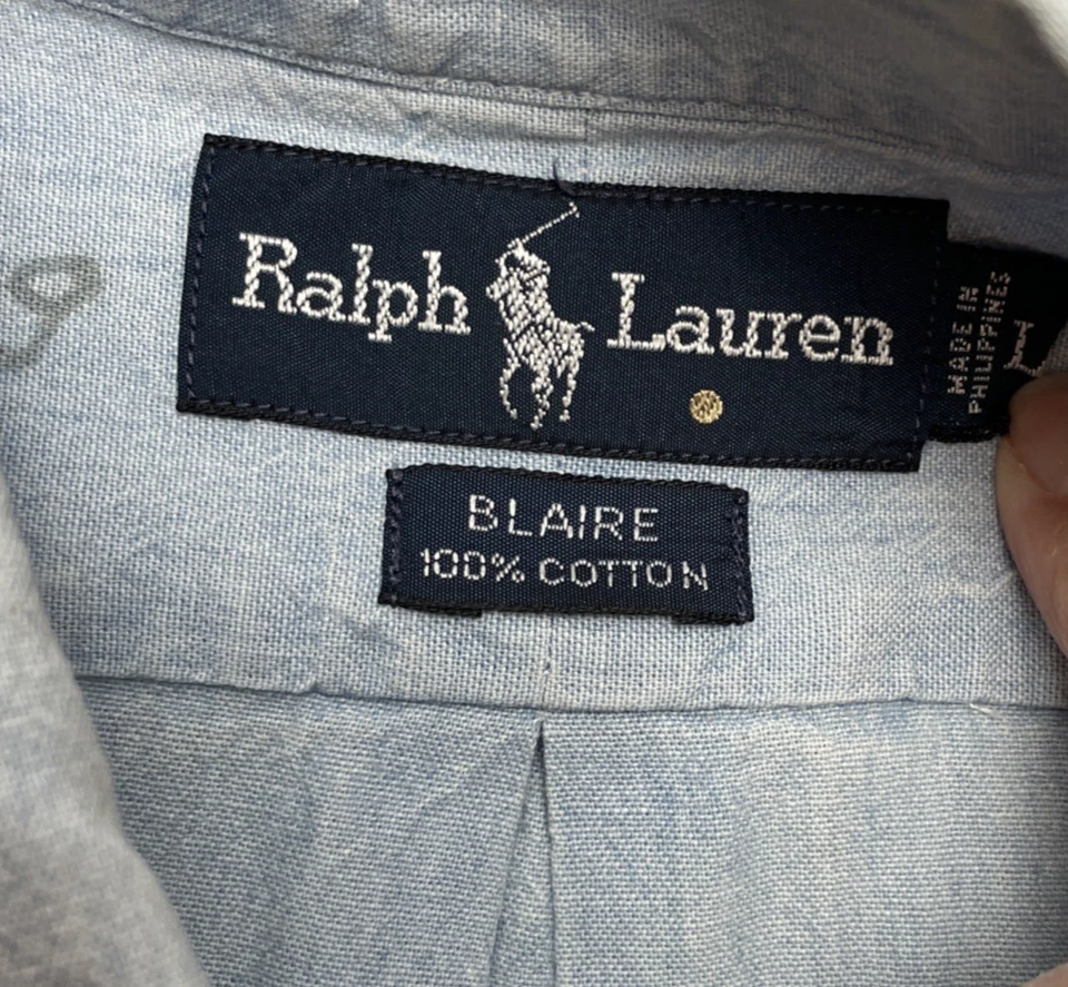 Vtg Ralph Lauren Blaire Shirt Mens L Blue Denim Long Sleeve Button Down Down - Image 4 of 4