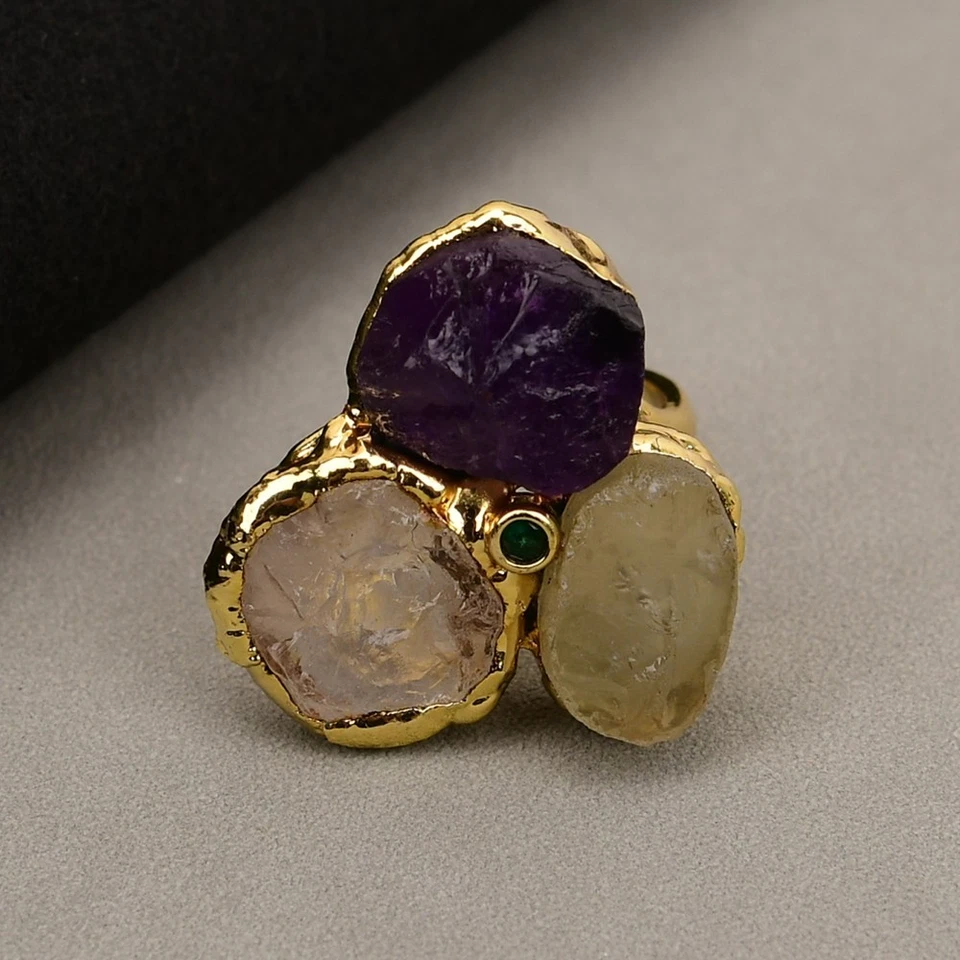 Anillos para mujer enchapados en oro citrino amarillo cuarzo amatista púrpura natural Foto 3 de 4