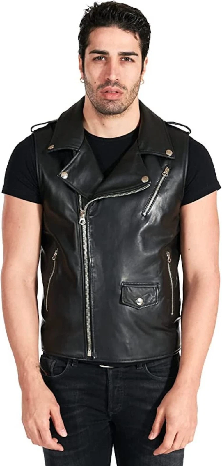Handmade Men Black Lambskin Motorcycle Biker Slim Fit Leather Vest Coat MVC1aa