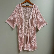 Womens Sheer Mesh Embroidered Kimono Size L Coquette Fairy Festival Hippie Boho