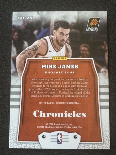 2017-18 Panini Chronicles ARTIST PROOF SILVER 8/99 Mike James RC #281 PHX SUNS - Picture 2 of 2