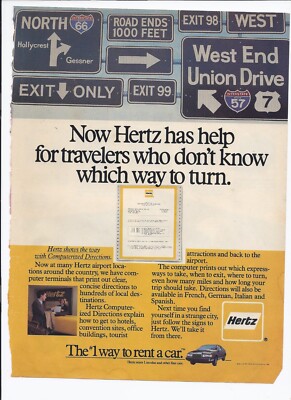 1984 Hertz Rental Car Print Ad Computerized Directions 8.5'' x 11''