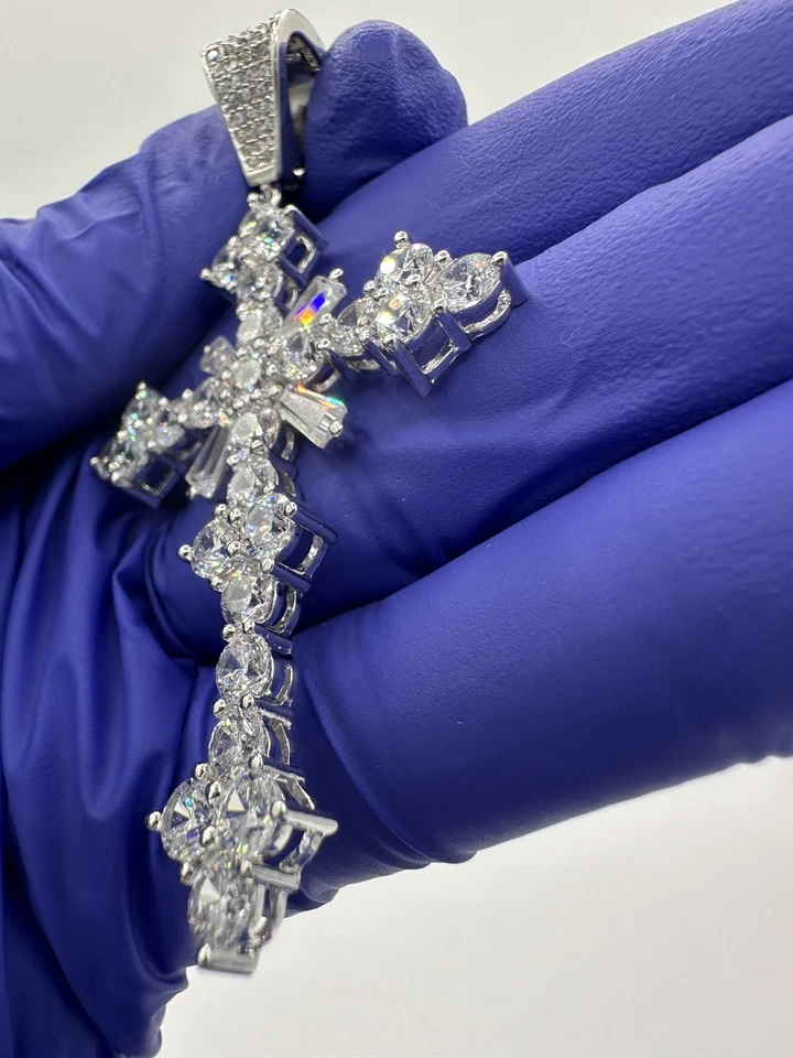 UNIQUE 925 STERLING SILVER BAGUETTE CZ 3D SILVER CROSS PENDANT 2.7” - Image 4 of 4