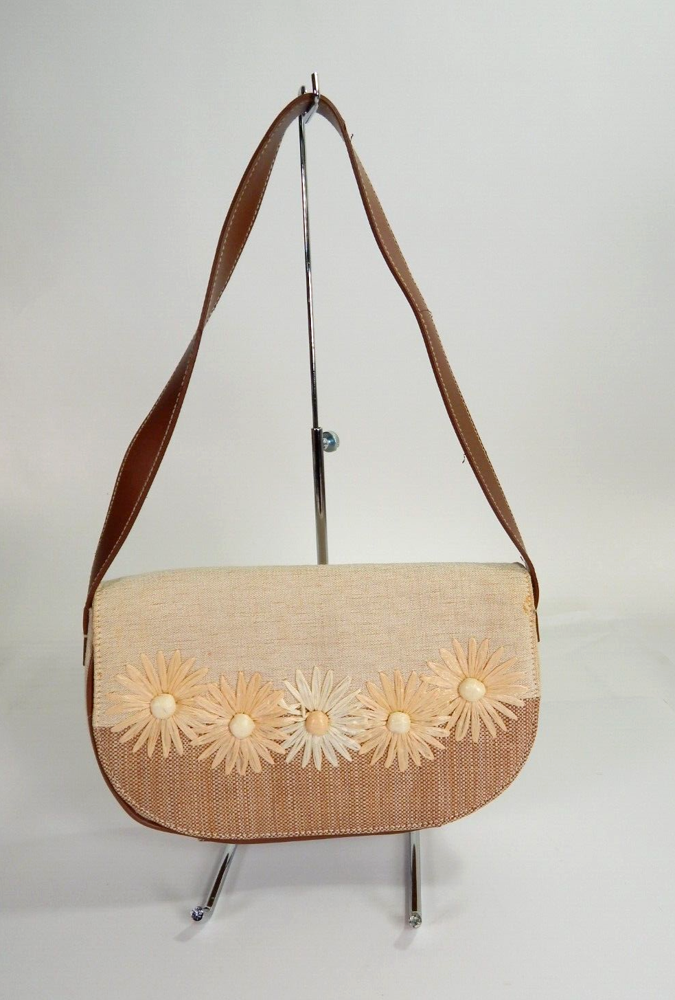 Vintage Carryland America Leather/Canvas Brown/Tan Floral Carry Purse