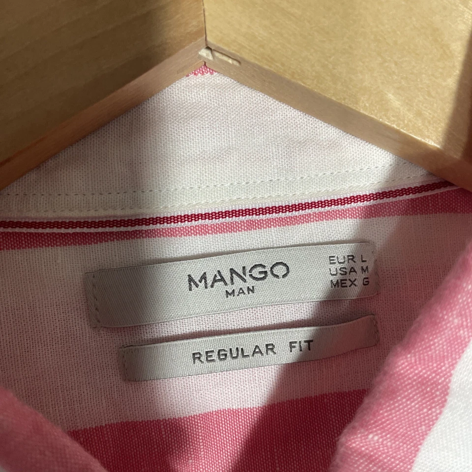 Манго человек рубашка розовый белый в полоску размер M карман обычный крой Snap льняной смеси - Изображение 4 из 4