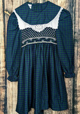 Vintage Polly Flinders Prairie Dress Girls Size 7 Plaid Hand Smocked Pintuck
