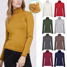 NEW LADIES RUFFLE POLO TURTLE NECK TOP WOMEN JERSEY CRINKLE LOOK LONG TOPS 8-14