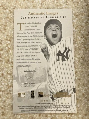 Tarjeta conmemorativa de oro de 24 k de la serie Subway Derek Jeter SI 2000 imágenes auténticas Foto 4 de 4