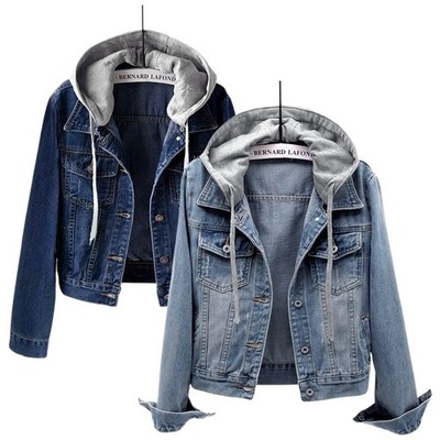 Damen Jeansjacke Kapuze Denim Kapuze Top Freizeit Langarm Jacke S-5XL Neu