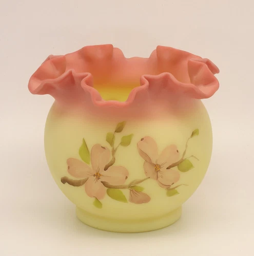 Fenton Art Glass Burmese Vase, UV, HP, Dogwood